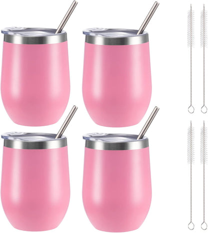 12 oz Insulated Wine Tumbler with Lid and Straw,Stainless Steel Stemless Wine Tumbler Glasses Double Wall Vacuum Wine Cups Tumbler for Coffee,Champaign,Cocktail,Office（Silver,1）