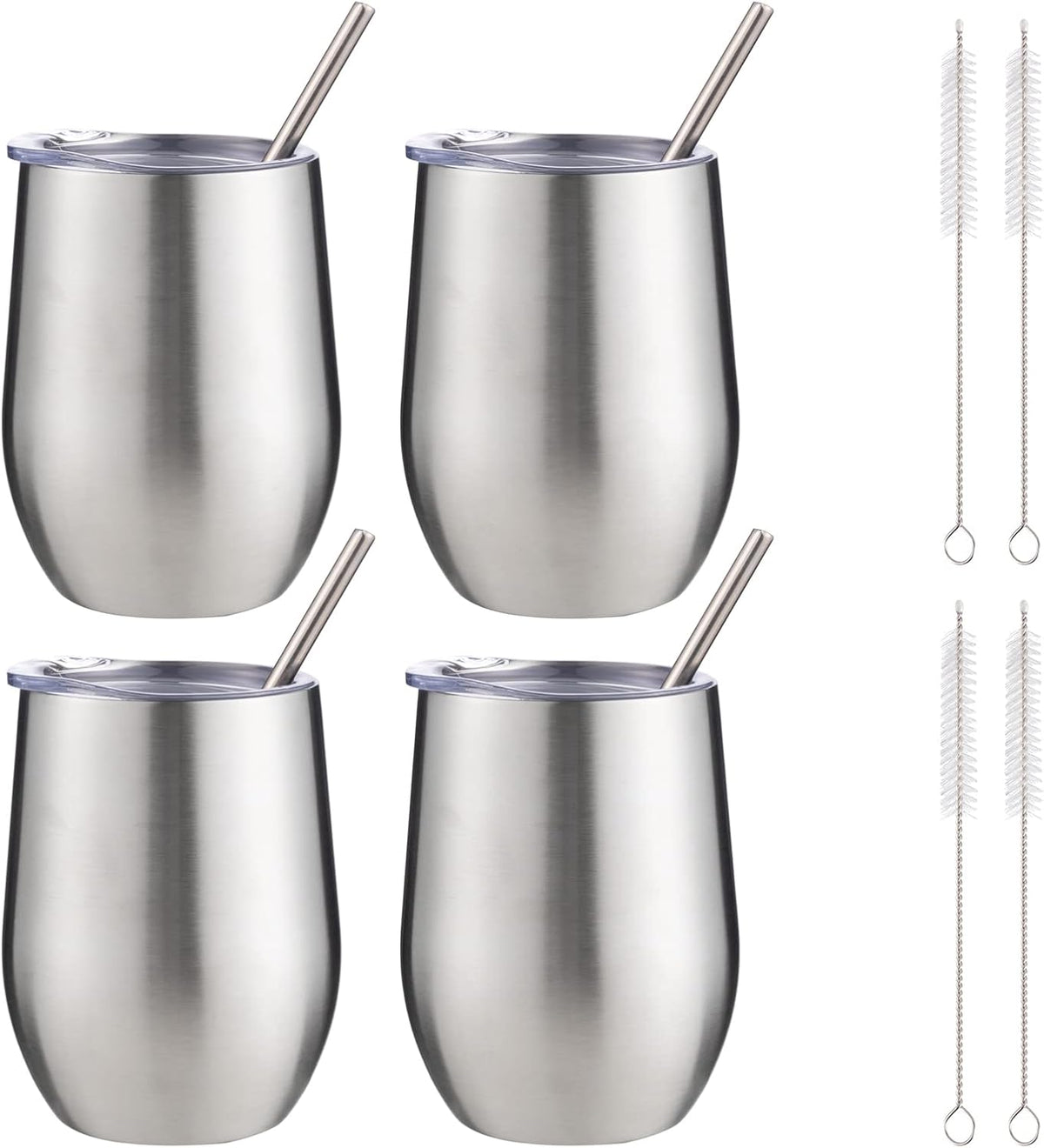 12 oz Insulated Wine Tumbler with Lid and Straw,Stainless Steel Stemless Wine Tumbler Glasses Double Wall Vacuum Wine Cups Tumbler for Coffee,Champaign,Cocktail,Office（Silver,1）