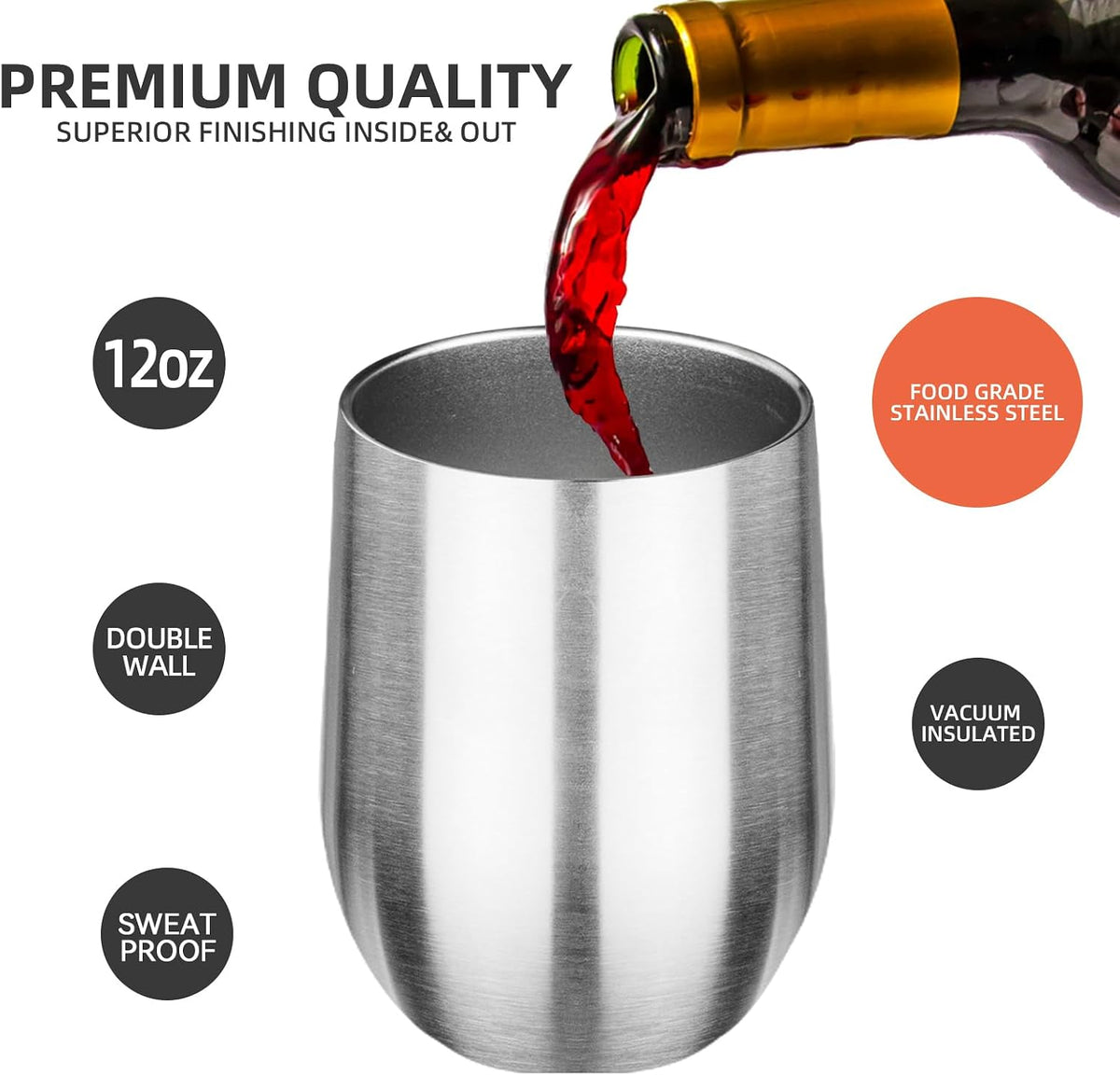 12 oz Insulated Wine Tumbler with Lid and Straw,Stainless Steel Stemless Wine Tumbler Glasses Double Wall Vacuum Wine Cups Tumbler for Coffee,Champaign,Cocktail,Office（Silver,1）