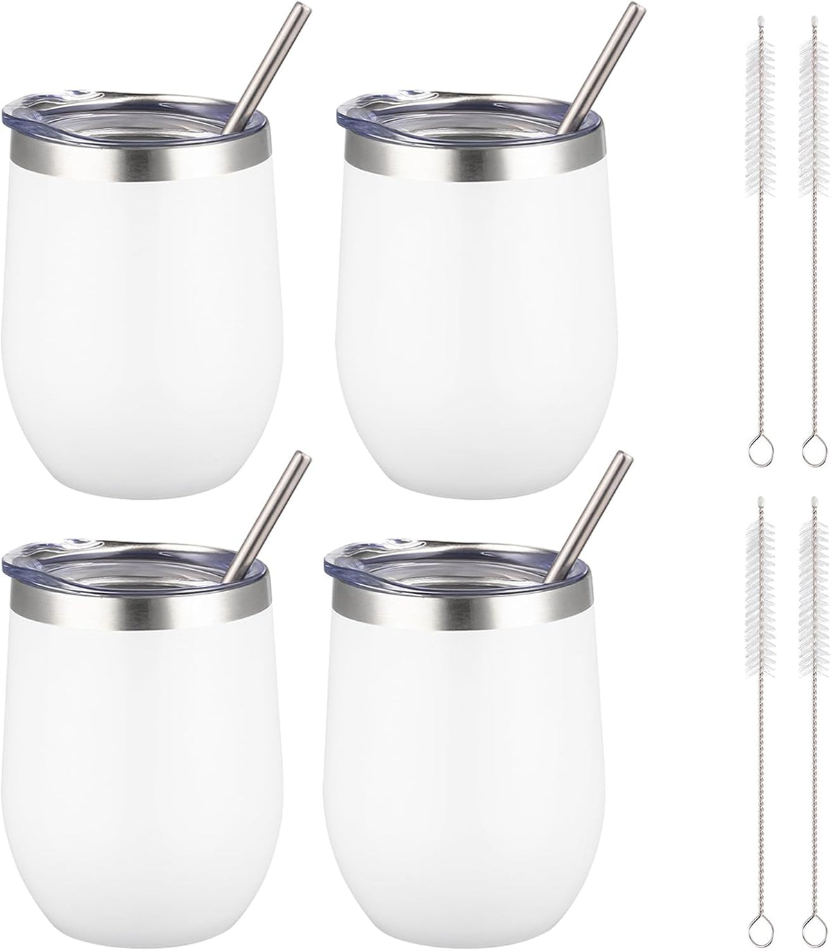 12 oz Insulated Wine Tumbler with Lid and Straw,Stainless Steel Stemless Wine Tumbler Glasses Double Wall Vacuum Wine Cups Tumbler for Coffee,Champaign,Cocktail,Office（Silver,1）