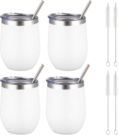 12 oz Insulated Wine Tumbler with Lid and Straw,Stainless Steel Stemless Wine Tumbler Glasses Double Wall Vacuum Wine Cups Tumbler for Coffee,Champaign,Cocktail,Office（Silver,1）