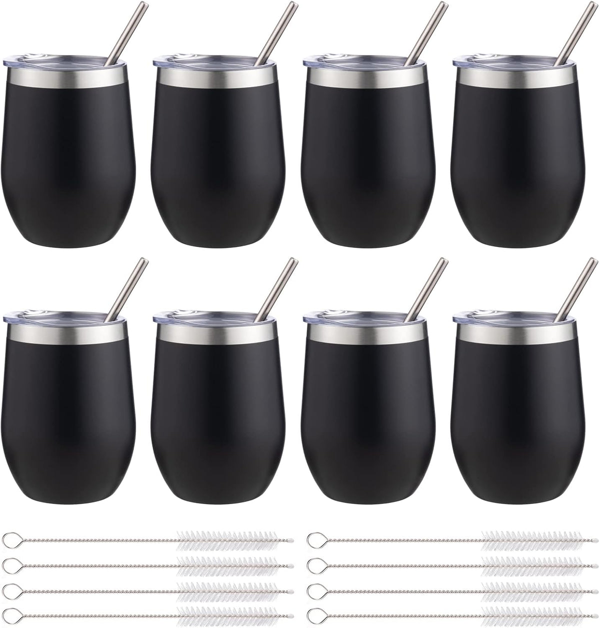 12 oz Insulated Wine Tumbler with Lid and Straw,Stainless Steel Stemless Wine Tumbler Glasses Double Wall Vacuum Wine Cups Tumbler for Coffee,Champaign,Cocktail,Office（Silver,1）