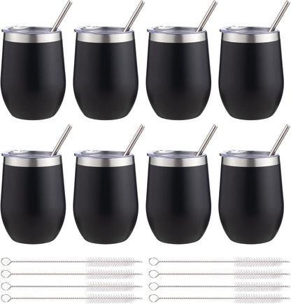 12 oz Insulated Wine Tumbler with Lid and Straw,Stainless Steel Stemless Wine Tumbler Glasses Double Wall Vacuum Wine Cups Tumbler for Coffee,Champaign,Cocktail,Office（Silver,1）