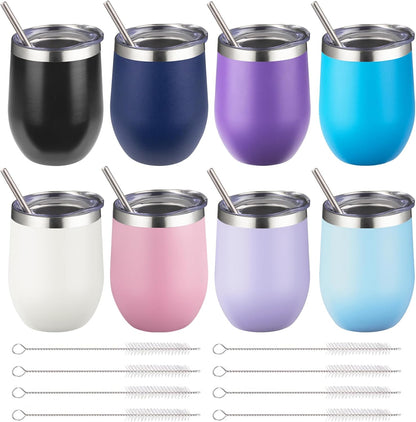 12 oz Insulated Wine Tumbler with Lid and Straw,Stainless Steel Stemless Wine Tumbler Glasses Double Wall Vacuum Wine Cups Tumbler for Coffee,Champaign,Cocktail,Office（Silver,1）
