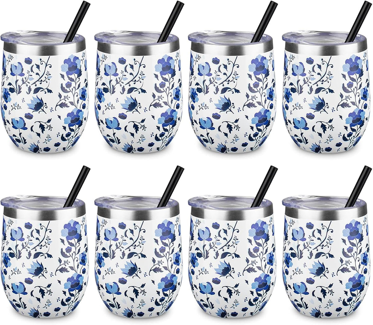 12 oz Insulated Wine Tumbler with Lid and Straw,Stainless Steel Stemless Wine Tumbler Glasses Double Wall Vacuum Wine Cups Tumbler for Coffee,Champaign,Cocktail,Office（Silver,1）