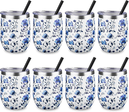 12 oz Insulated Wine Tumbler with Lid and Straw,Stainless Steel Stemless Wine Tumbler Glasses Double Wall Vacuum Wine Cups Tumbler for Coffee,Champaign,Cocktail,Office（Silver,1）