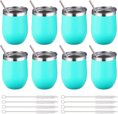 12 oz Insulated Wine Tumbler with Lid and Straw,Stainless Steel Stemless Wine Tumbler Glasses Double Wall Vacuum Wine Cups Tumbler for Coffee,Champaign,Cocktail,Office（Silver,1）