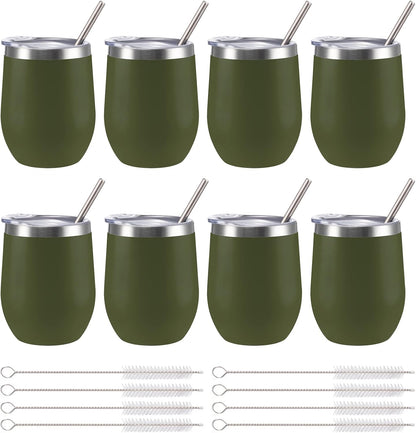 12 oz Insulated Wine Tumbler with Lid and Straw,Stainless Steel Stemless Wine Tumbler Glasses Double Wall Vacuum Wine Cups Tumbler for Coffee,Champaign,Cocktail,Office（Silver,1）