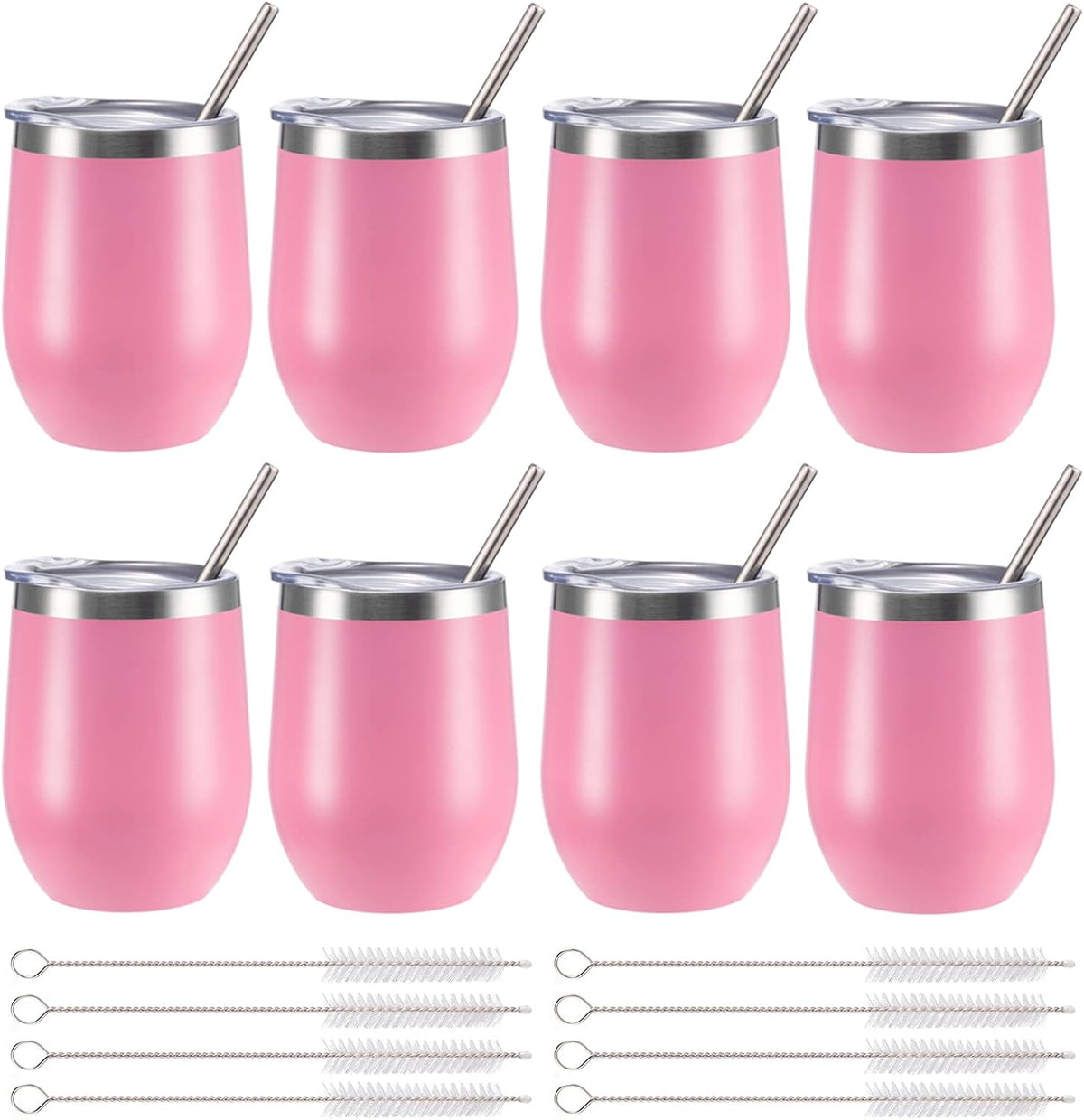 12 oz Insulated Wine Tumbler with Lid and Straw,Stainless Steel Stemless Wine Tumbler Glasses Double Wall Vacuum Wine Cups Tumbler for Coffee,Champaign,Cocktail,Office（Silver,1）