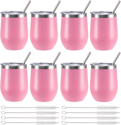 12 oz Insulated Wine Tumbler with Lid and Straw,Stainless Steel Stemless Wine Tumbler Glasses Double Wall Vacuum Wine Cups Tumbler for Coffee,Champaign,Cocktail,Office（Silver,1）