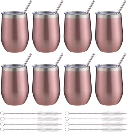 12 oz Insulated Wine Tumbler with Lid and Straw,Stainless Steel Stemless Wine Tumbler Glasses Double Wall Vacuum Wine Cups Tumbler for Coffee,Champaign,Cocktail,Office（Silver,1）