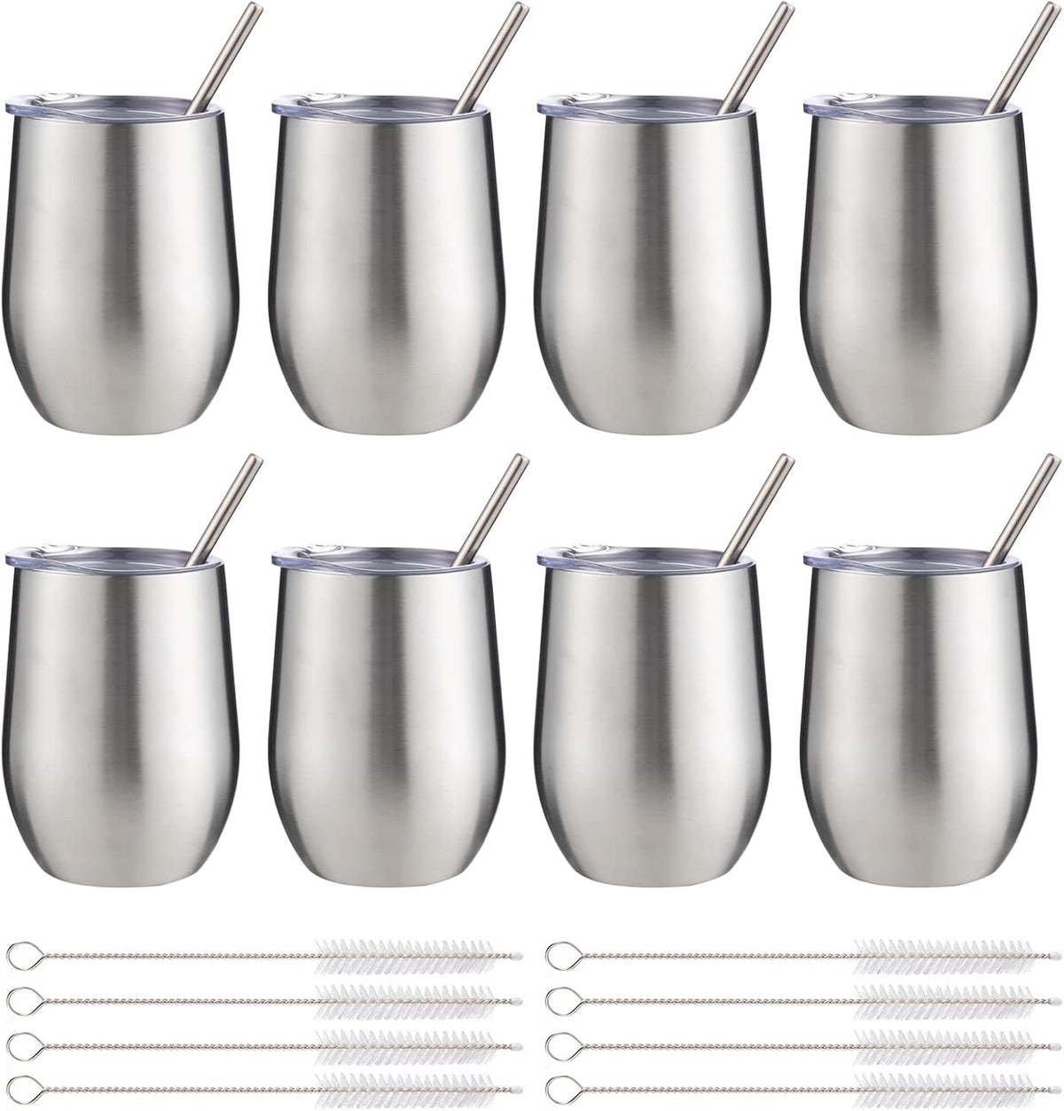 12 oz Insulated Wine Tumbler with Lid and Straw,Stainless Steel Stemless Wine Tumbler Glasses Double Wall Vacuum Wine Cups Tumbler for Coffee,Champaign,Cocktail,Office（Silver,1）