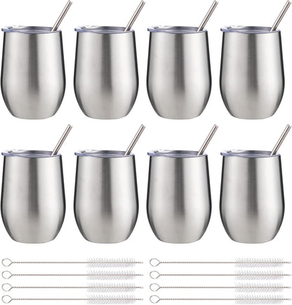 12 oz Insulated Wine Tumbler with Lid and Straw,Stainless Steel Stemless Wine Tumbler Glasses Double Wall Vacuum Wine Cups Tumbler for Coffee,Champaign,Cocktail,Office（Silver,1）