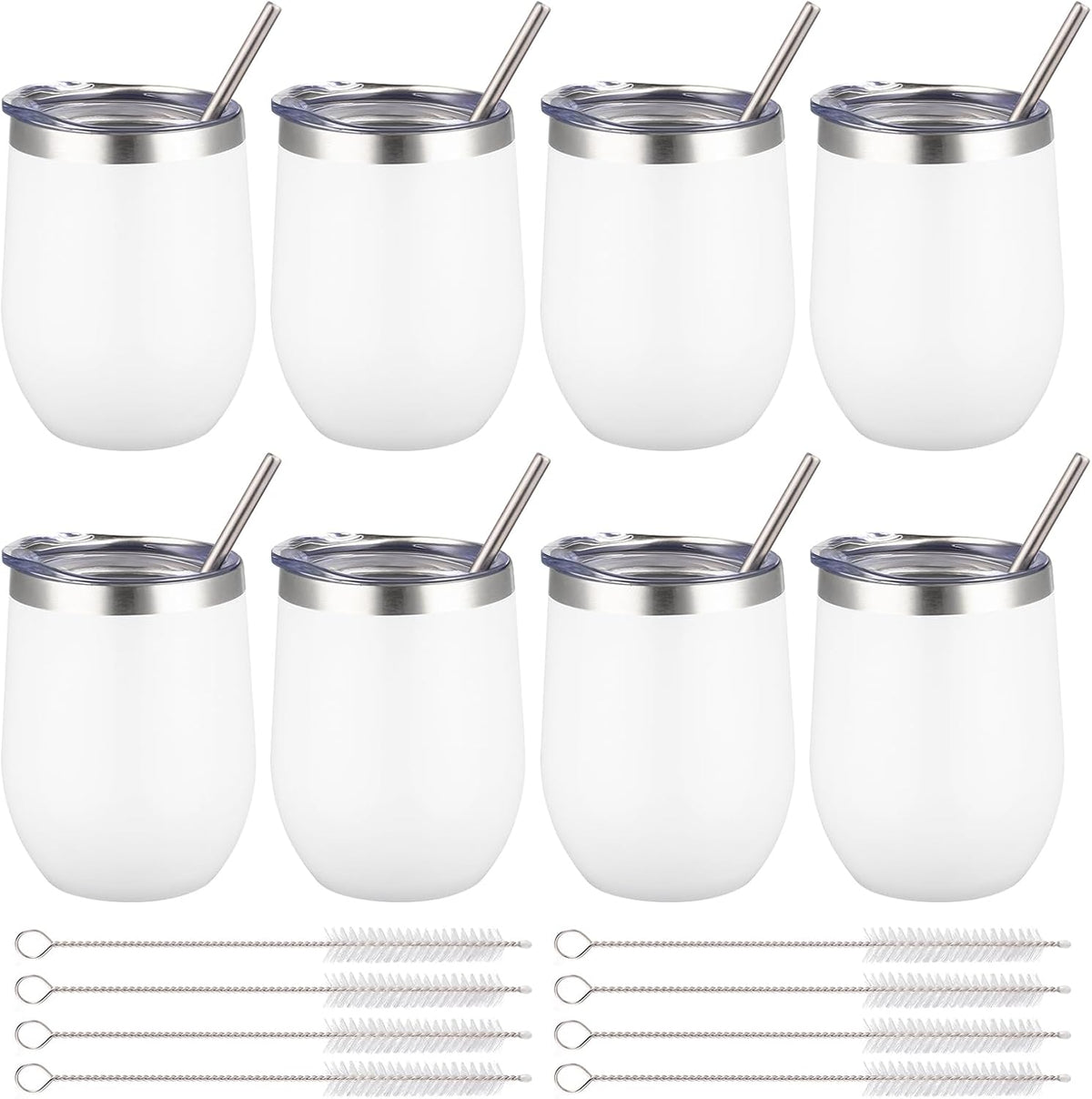 12 oz Insulated Wine Tumbler with Lid and Straw,Stainless Steel Stemless Wine Tumbler Glasses Double Wall Vacuum Wine Cups Tumbler for Coffee,Champaign,Cocktail,Office（Silver,1）