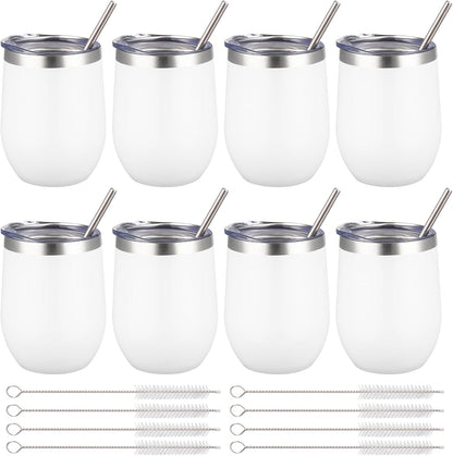 12 oz Insulated Wine Tumbler with Lid and Straw,Stainless Steel Stemless Wine Tumbler Glasses Double Wall Vacuum Wine Cups Tumbler for Coffee,Champaign,Cocktail,Office（Silver,1）