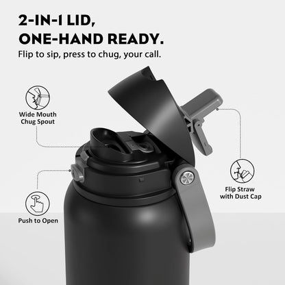 24 oz Travel Water Bottle: 2-in-1 Push-Button Spout & Quick-Flip Straw, Leakproof, Cold 24Hrs, Fits Car Cup Holder, Stainless Steel Cup for Sports, School, Commute, Camping (Mouse's Mischief) - Colors B