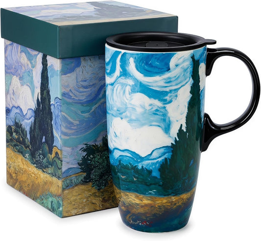 17oz Ceramic Travel Mug with Lid, Van Gogh Wheat Field Mug