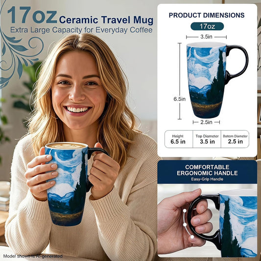 17oz Ceramic Travel Mug with Lid, Van Gogh Wheat Field Mug