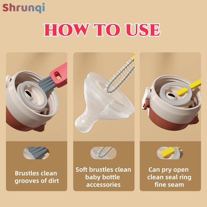3 in 1 Bottle Cleaning Brush Set, Multifunction Silicone Cup Lid Gap Cleaner, Home Kitchen Crevice Cleaning Tools, Cute Colorful Rabbit，