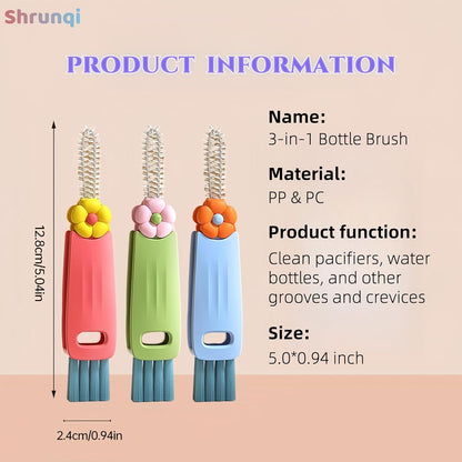 3 in 1 Bottle Cleaning Brush Set, Multifunction Silicone Cup Lid Gap Cleaner, Home Kitchen Crevice Cleaning Tools, Cute Colorful Rabbit，