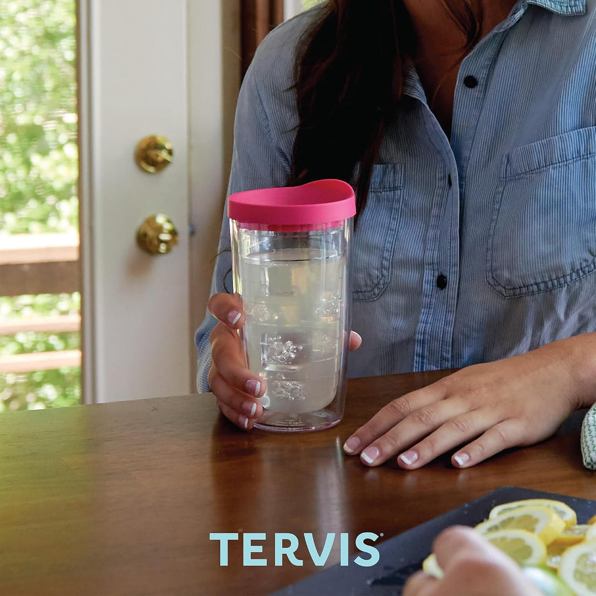 Tervis Clear & Colorful Tabletop Made in USA Double Walled Insulated Tumbler Travel Cup Keeps Drinks Cold & Hot, 16oz Mug, Clear | Double-wall insulation, keeps drinks hot or cold, made in USA