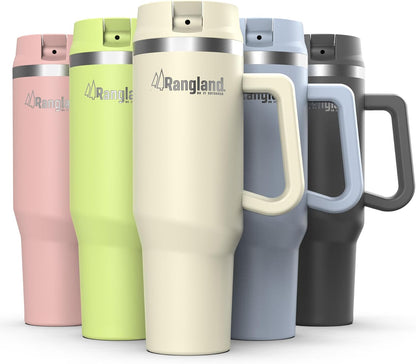 Leak-proof 40 oz Tumbler with Handle and Carrier Bag, Spill-proof Insulated Water Bottle Cup with Sport Straw Lid and Padded Hand Strap, Neoprene (Light Cream)