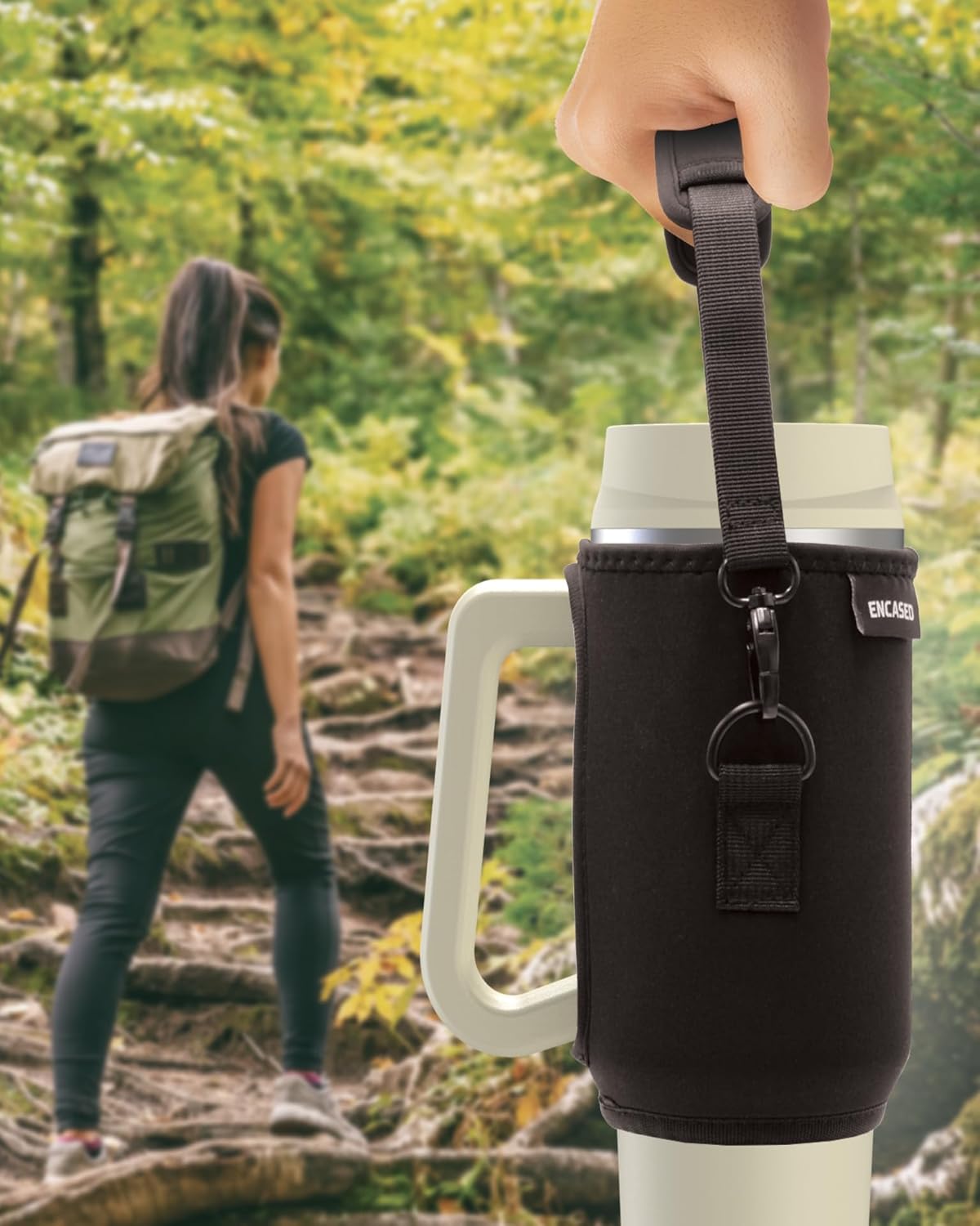 Leak-proof 40 oz Tumbler with Handle and Carrier Bag, Spill-proof Insulated Water Bottle Cup with Sport Straw Lid and Padded Hand Strap, Neoprene (Light Cream)