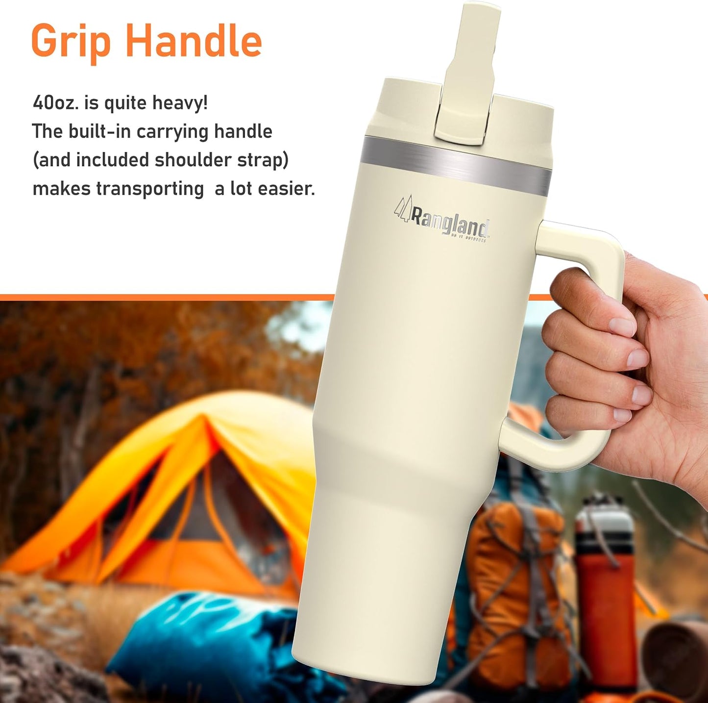 Leak-proof 40 oz Tumbler with Handle and Carrier Bag, Spill-proof Insulated Water Bottle Cup with Sport Straw Lid and Padded Hand Strap, Neoprene (Light Cream)
