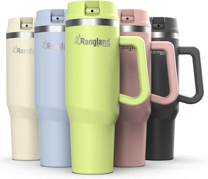 Leak-proof 40 oz Tumbler with Handle and Carrier Bag, Spill-proof Insulated Water Bottle Cup with Sport Straw Lid and Padded Hand Strap, Neoprene (Light Cream)