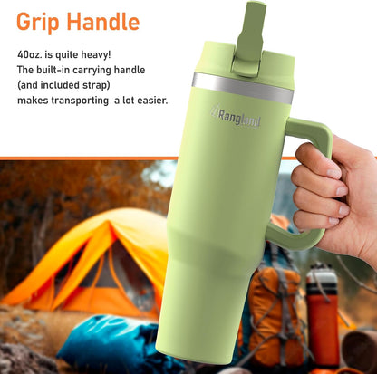 Leak-proof 40 oz Tumbler with Handle and Carrier Bag, Spill-proof Insulated Water Bottle Cup with Sport Straw Lid and Padded Hand Strap, Neoprene (Light Cream)