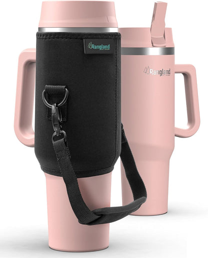 Leak-proof 40 oz Tumbler with Handle and Carrier Bag, Spill-proof Insulated Water Bottle Cup with Sport Straw Lid and Padded Hand Strap, Neoprene (Light Cream)