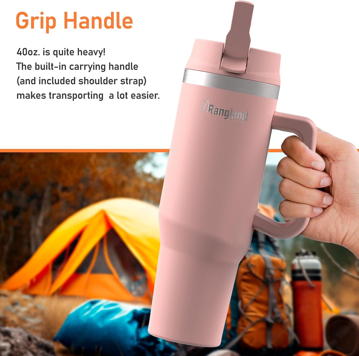 Leak-proof 40 oz Tumbler with Handle and Carrier Bag, Spill-proof Insulated Water Bottle Cup with Sport Straw Lid and Padded Hand Strap, Neoprene (Light Cream)