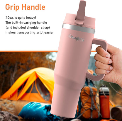 Leak-proof 40 oz Tumbler with Handle and Carrier Bag, Spill-proof Insulated Water Bottle Cup with Sport Straw Lid and Padded Hand Strap, Neoprene (Light Cream)