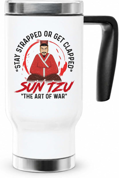 Sun Tzu Art of War Satirical Travel Mug - 14oz Stainless Steel Insulated Coffee Cup for Office Humor and History Buffs - Double Wall Vacuum Tumbler with Handle and Lid