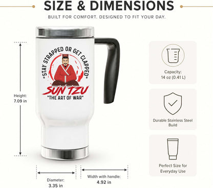 Sun Tzu Art of War Satirical Travel Mug - 14oz Stainless Steel Insulated Coffee Cup for Office Humor and History Buffs - Double Wall Vacuum Tumbler with Handle and Lid