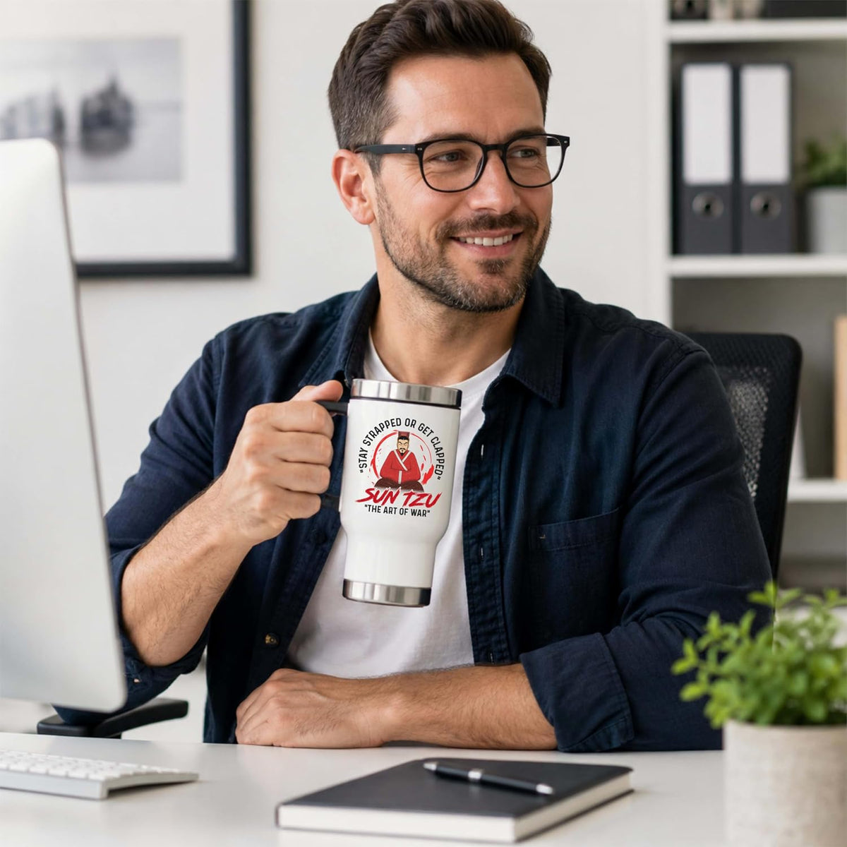 Sun Tzu Art of War Satirical Travel Mug - 14oz Stainless Steel Insulated Coffee Cup for Office Humor and History Buffs - Double Wall Vacuum Tumbler with Handle and Lid