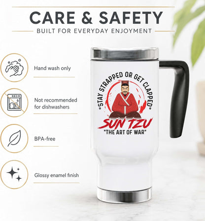 Sun Tzu Art of War Satirical Travel Mug - 14oz Stainless Steel Insulated Coffee Cup for Office Humor and History Buffs - Double Wall Vacuum Tumbler with Handle and Lid