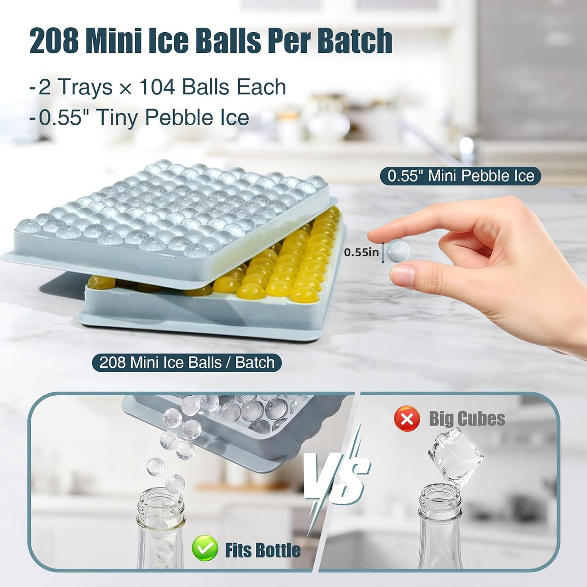Mini Ice Cube Trays for Freezer with Lid, 0.55" Pebble Ice
