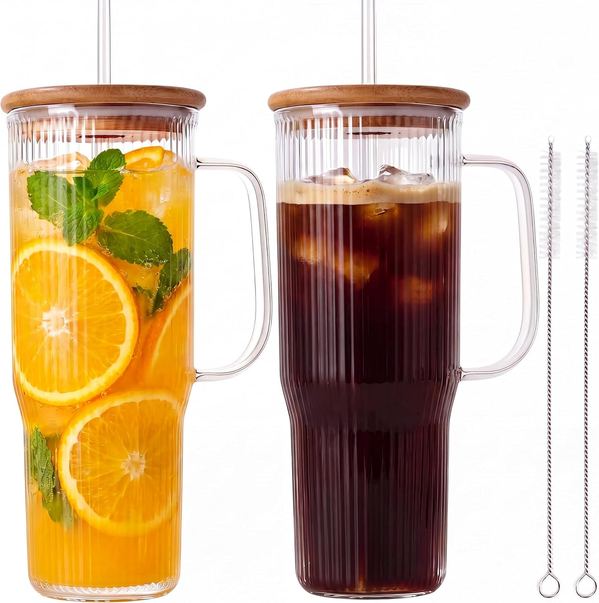 40 oz Glass Tumbler with Handle, Large Glass Tumbler with Straws and Lids, 2 Pack Ribbed Drinking Cups for Iced Coffee, Boba, Smoothies, Juice and Water