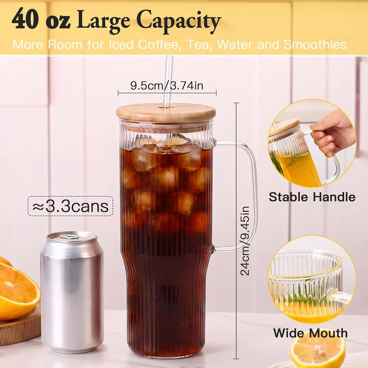40 oz Glass Tumbler with Handle, Large Glass Tumbler with Straws and Lids, 2 Pack Ribbed Drinking Cups for Iced Coffee, Boba, Smoothies, Juice and Water
