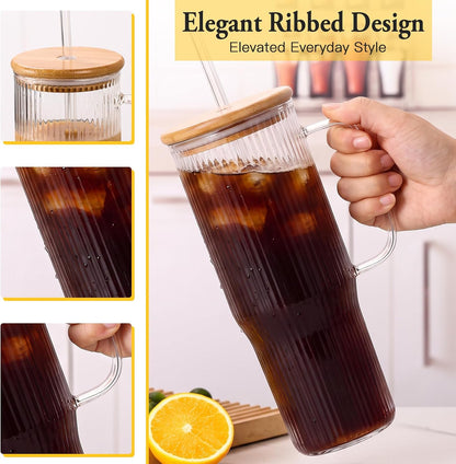 40 oz Glass Tumbler with Handle, Large Glass Tumbler with Straws and Lids, 2 Pack Ribbed Drinking Cups for Iced Coffee, Boba, Smoothies, Juice and Water