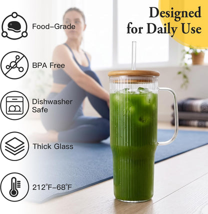 40 oz Glass Tumbler with Handle, Large Glass Tumbler with Straws and Lids, 2 Pack Ribbed Drinking Cups for Iced Coffee, Boba, Smoothies, Juice and Water