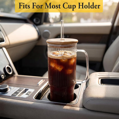 40 oz Glass Tumbler with Handle, Large Glass Tumbler with Straws and Lids, 2 Pack Ribbed Drinking Cups for Iced Coffee, Boba, Smoothies, Juice and Water
