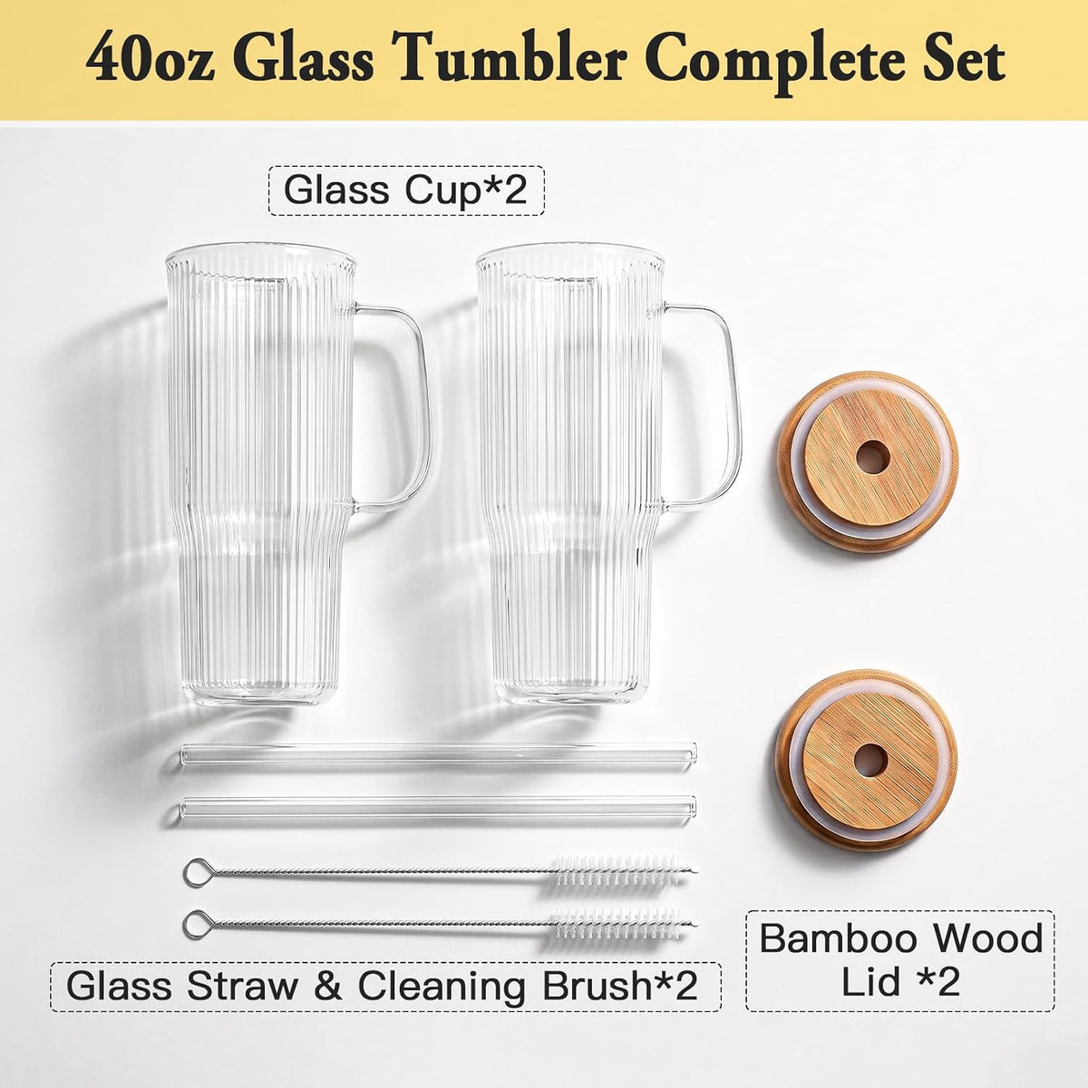 40 oz Glass Tumbler with Handle, Large Glass Tumbler with Straws and Lids, 2 Pack Ribbed Drinking Cups for Iced Coffee, Boba, Smoothies, Juice and Water
