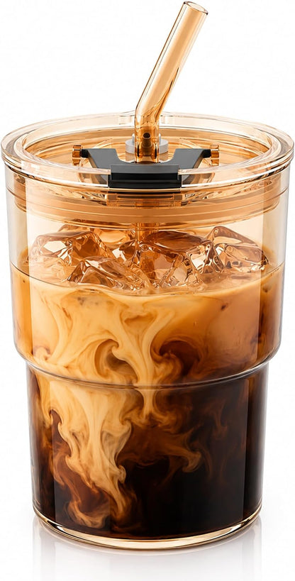 13oz Iced Coffee Cup, Glass Tumbler with Straw and Lid, Leakproof