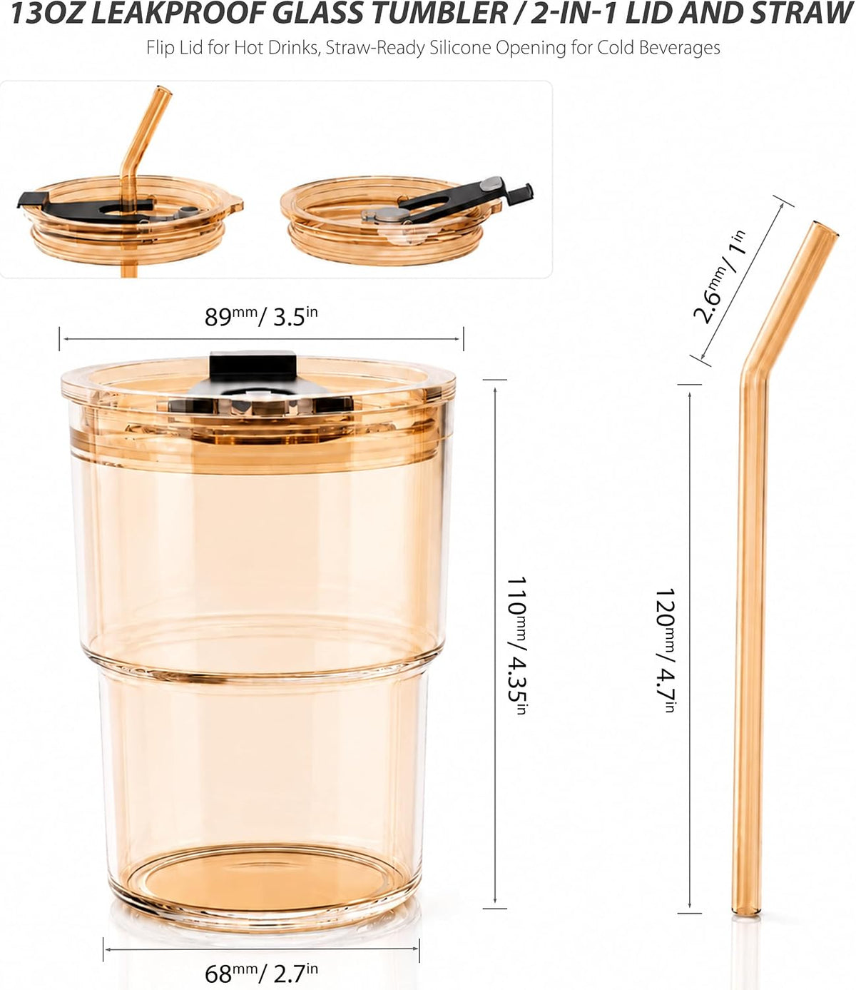 13oz Iced Coffee Cup, Glass Tumbler with Straw and Lid, Leakproof