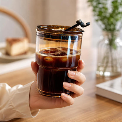 13oz Iced Coffee Cup, Glass Tumbler with Straw and Lid, Leakproof