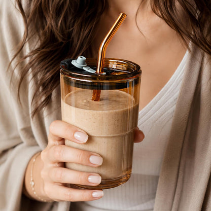 13oz Iced Coffee Cup, Glass Tumbler with Straw and Lid, Leakproof