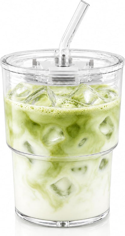 13oz Iced Coffee Cup, Glass Tumbler with Straw and Lid, Leakproof