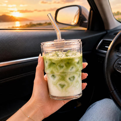13oz Iced Coffee Cup, Glass Tumbler with Straw and Lid, Leakproof